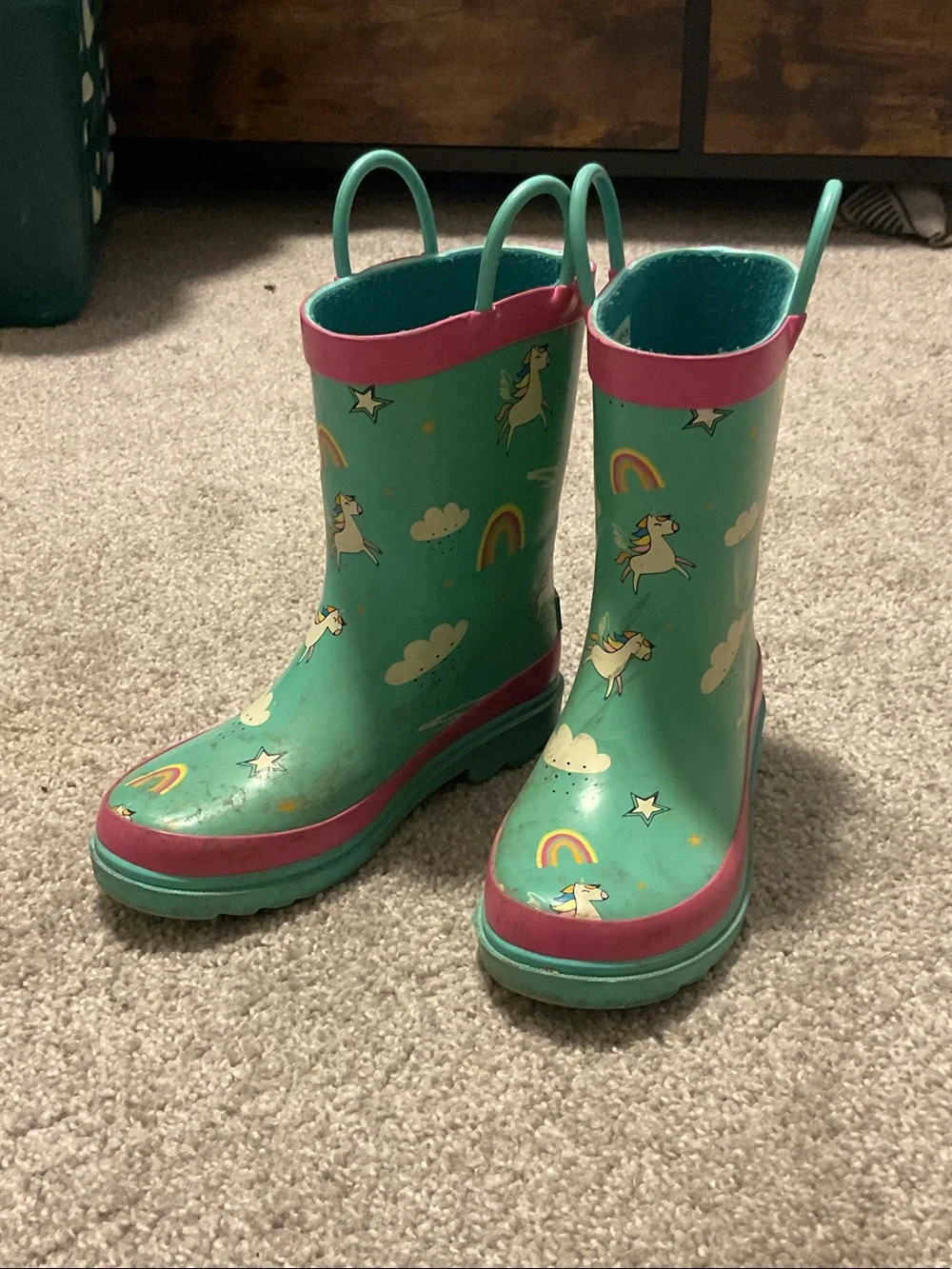 Kids Unicorn Rain Boots in Teal with Pink Trim